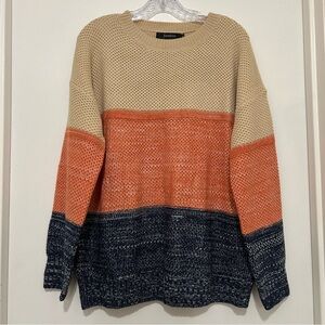 Women's XL Boho Chic Colorblock Waffle Knit Sweater Tan Orange Navy Crew Neck